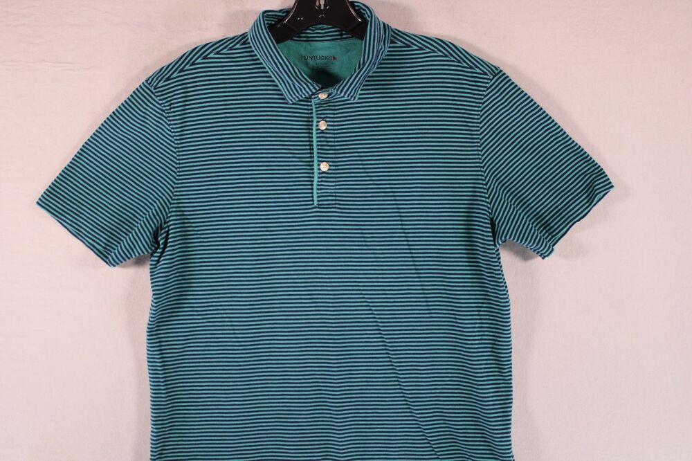 UNTUCKit Segura Mens Medium Teal Navy Striped Pima Cotton Polo Regular Fit